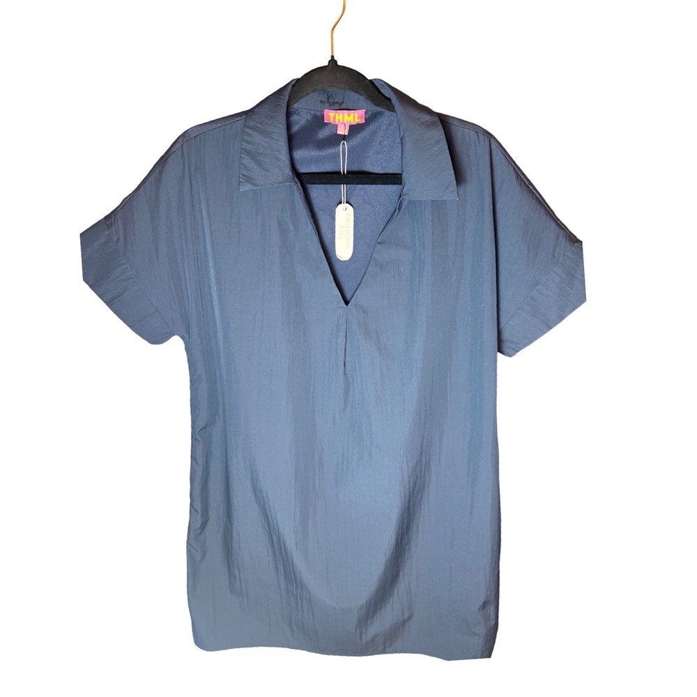 THML Womens Slate Blue V-Neck Collared Short Sleeve Shift Tunic Mini Dress Large